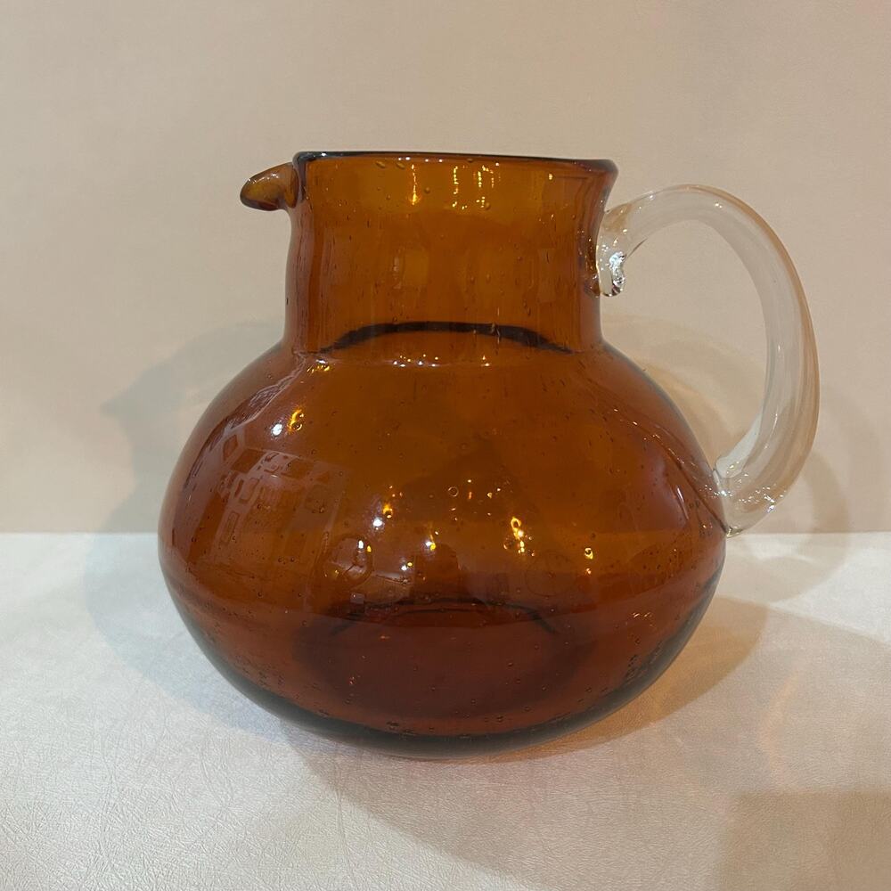 Hand Blown Amber Bubble Glass Pitcher with Clear Handle